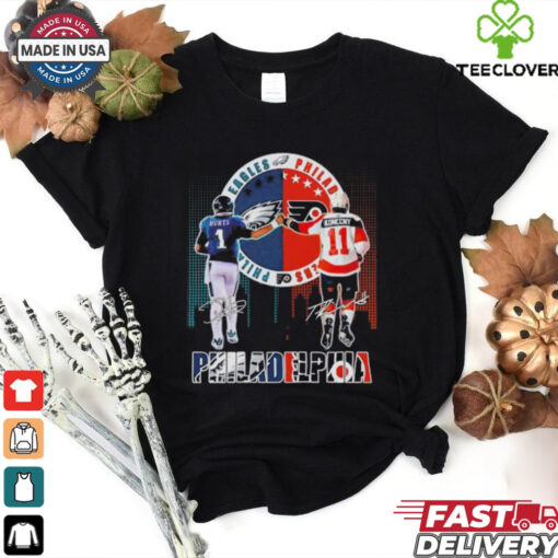 Philadelphia city skyline Hurts Philadelphia Eagles and Konecny Philadelphia Flyers signature shirt