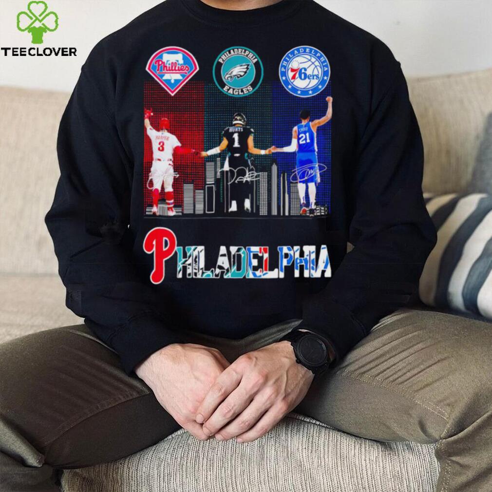 Philadelphia Phillies Philadelphia Eagles and Philadelphia 76ers Joel  Embiid Jalen Hurts and Bryce Harper signatures shirt, hoodie, longsleeve,  sweatshirt, v-neck tee