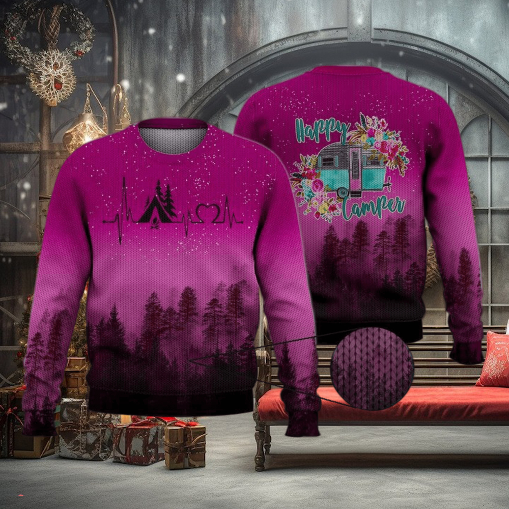 Pink Forest Heartbeat Happy Camper 3D Full Print Ugly Sweater Christmas Gift Sweater Pink Forest Heartbeat Happy Camper 3D Full Print Ugly Sweater Christmas Gift Sweater