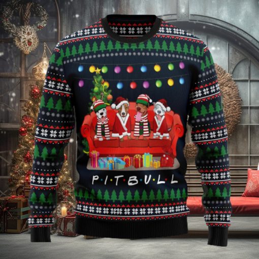 Pit Bull Friends On Red Sofa Ugly Christmas Sweater Thankgiving Gift Men Women