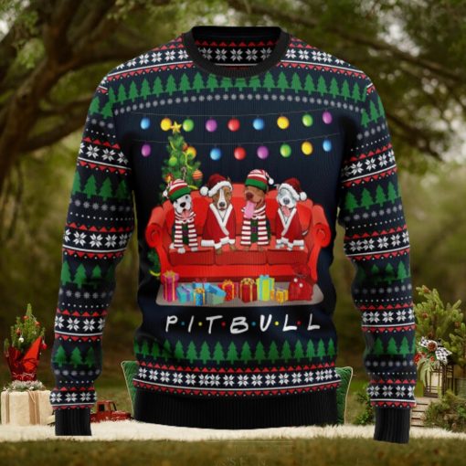 Pit Bull Friends On Red Sofa Ugly Christmas Sweater Thankgiving Gift Men Women