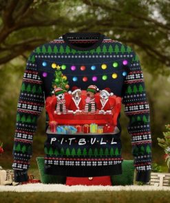 Pit Bull Friends On Red Sofa Womens Ugly Sweater