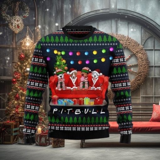 Pit Bull Friends On Red Sofa Womens Ugly Sweater