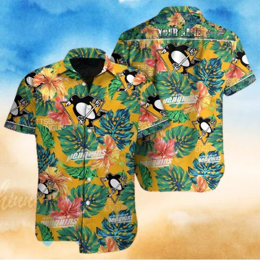 Pittsburgh Penguins NHL Custom Name Flower And Leaf Pattern Tropical Hawaiian Shirt