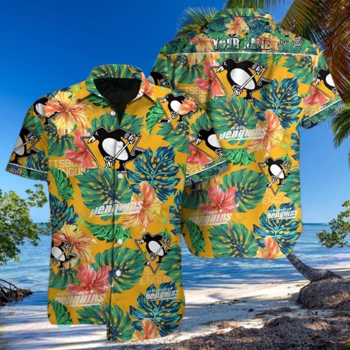 Pittsburgh Penguins NHL Custom Name Flower And Leaf Pattern Tropical Hawaiian Shirt