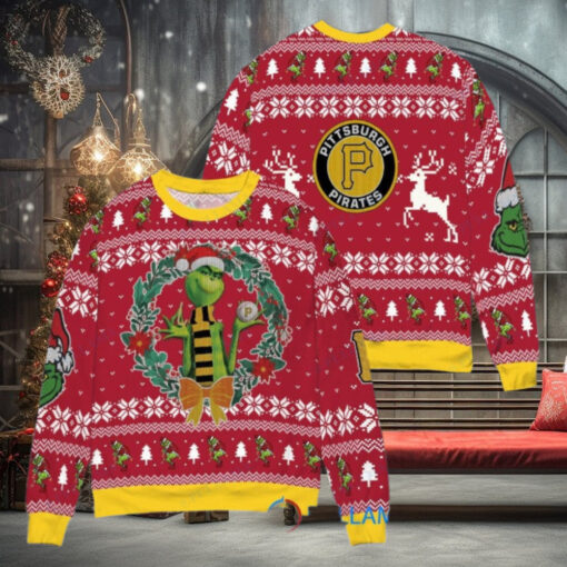 Pittsburgh Pirates x Grinch Dr. Seuss How the Grinch Stole Christmas MLB with World Series Trophy Ugly Christmas Sweater Red
