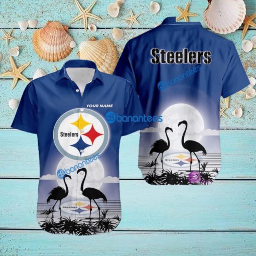 Pittsburgh Steelers NFL Team With Flamingo Moon Pattern Button Down Hawaiian Shirt For Big Fans Custom Name