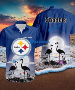 Pittsburgh Steelers NFL Team With Flamingo Moon Pattern Button Down Hawaiian Shirt For Big Fans Custom Name
