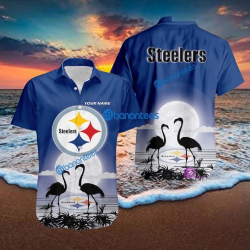 Pittsburgh Steelers NFL Team With Flamingo Moon Pattern Button Down Hawaiian Shirt For Big Fans Custom Name