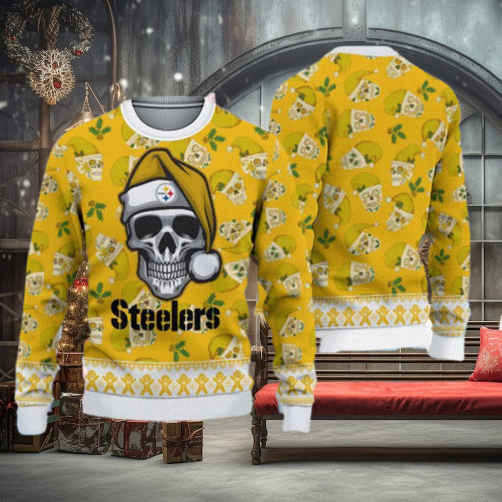 Steelers Skull Santa Hat Ugly Christmas Sweater For Fans