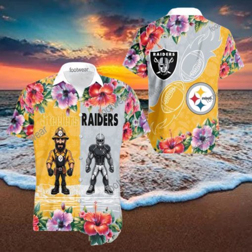Pittsburgh Steelers VS NFL Las Vegas Raiders Mascot Tropical Aloha Hawaiian Shirt For Summer
