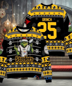 Pittsburgh Steelers x Grinch Christmas Dr. Seuss How the Grinch Stole Christmas with Super Bowl Trophy Custom Ugly Christmas Sweater