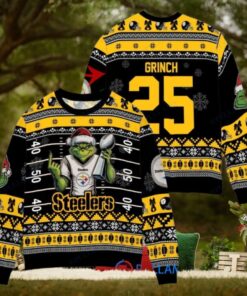 Pittsburgh Steelers x Grinch Christmas Dr. Seuss How the Grinch Stole Christmas with Super Bowl Trophy Custom Ugly Christmas Sweater