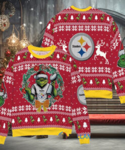 Pittsburgh Steelers x Grinch NFL Dr. Seuss How the Grinch Stole Christmas with Super Bowl Trophy Ugly Christmas Sweater Red