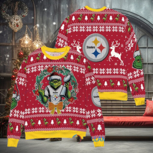 Pittsburgh Steelers x Grinch NFL Dr. Seuss How the Grinch Stole Christmas with Super Bowl Trophy Ugly Christmas Sweater Red