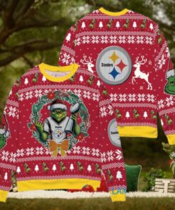 Pittsburgh Steelers x Grinch NFL Dr. Seuss How the Grinch Stole Christmas with Super Bowl Trophy Ugly Christmas Sweater Red