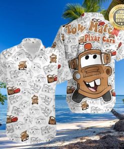 Pixar Cars White Brown Pattern Tow Matter Disney Hawaiian Shirt