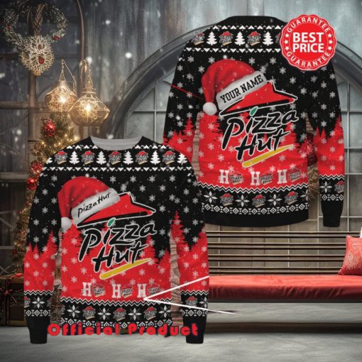 Pizza Hut Logo Santa Hat Pine Tree Snowflake Custom Name Ugly Christmas Sweater