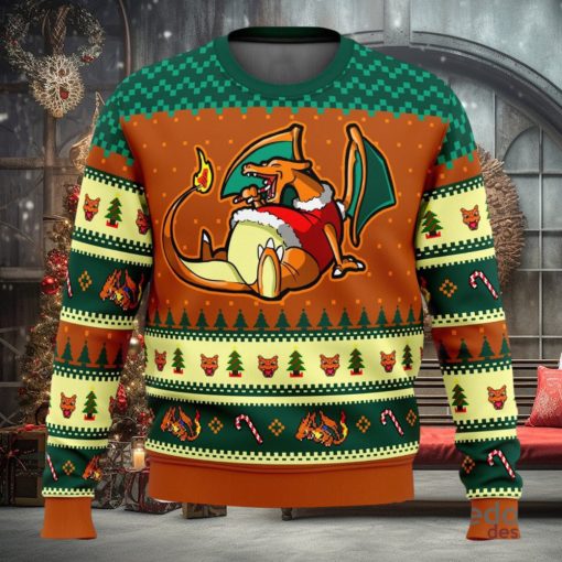 Pokemon Eating Candy Cane Charizard 3D Ugly Christmas Sweater Unisex Christmas Sweater For Men And Women
