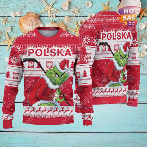 Poland Ice Hockey Team Grinch Hockey Stick Ugly Christmas Sweater