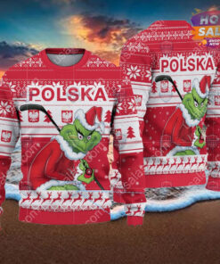 Poland Ice Hockey Team Grinch Hockey Stick Ugly Christmas Sweater