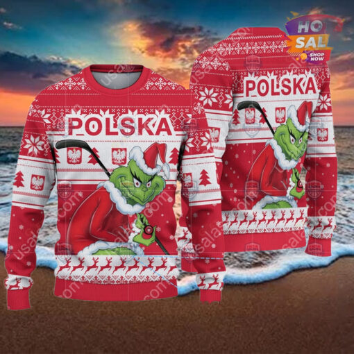 Poland Ice Hockey Team Grinch Hockey Stick Ugly Christmas Sweater