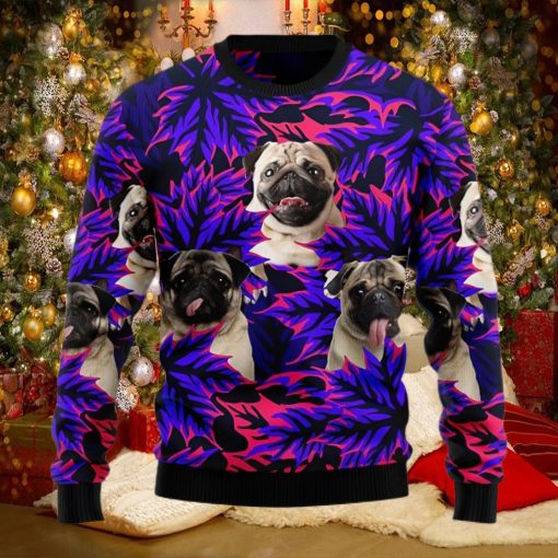 Pug Leaves Purple Ugly Christmas Holiday Sweater