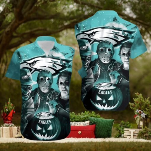 Pumpkin Freddy Jason Michael Myers Loves Philadelphia Eagles Hawaiian Shirt