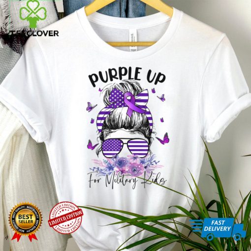 Purple Up For Military Kids Child Month Messy Bun Floral T Shirt tee