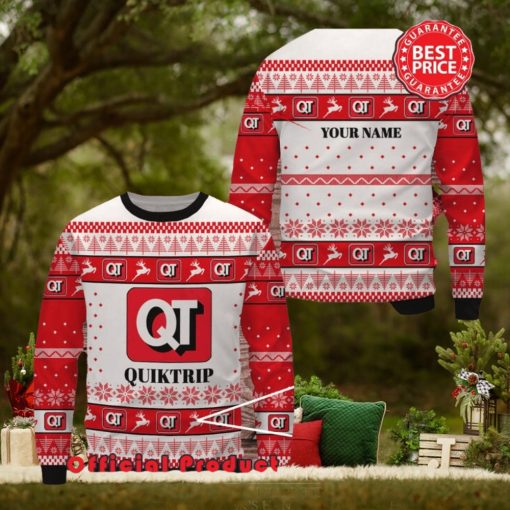Quiktrip Custom Name White Design Logo Reindeer Ugly Christmas Sweater