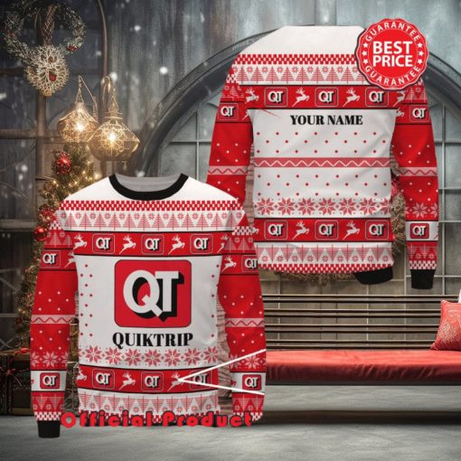 Quiktrip Custom Name White Design Logo Reindeer Ugly Christmas Sweater