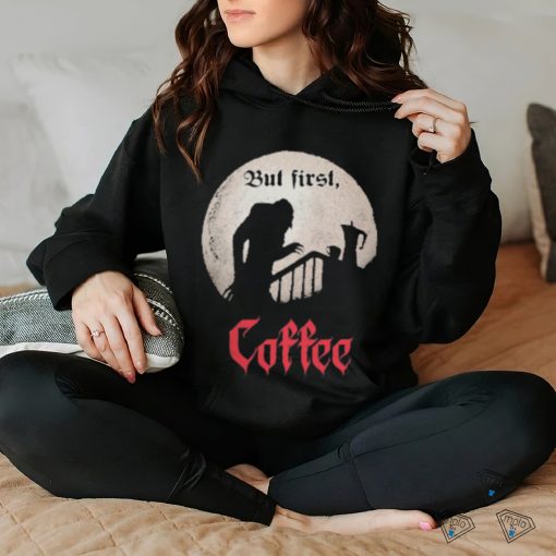 Qwertee Shop But First, Coffee Shirt