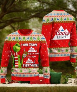 Coors Light Beer Grinch I Will Drink Here I Will Drink Everywhere Ugly Christmas Sweater Xmas 3D Printed Christmas Sweater Gift