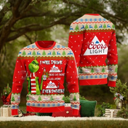 Coors Light Beer Grinch I Will Drink Here I Will Drink Everywhere Ugly Christmas Sweater Xmas 3D Printed Christmas Sweater Gift