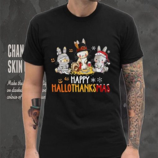 Rabbit Halloween And Merry Christmas Happy Hallothanksmas TShirt