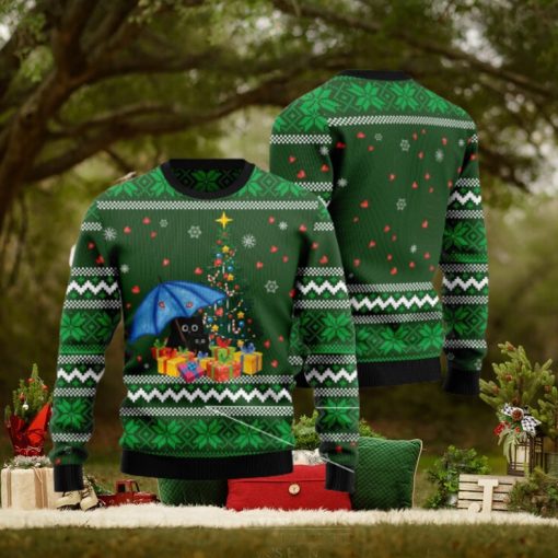 Rain With Love Black Cat And Umbrella Ugly Christmas 3D Sweater Gift For Christmas