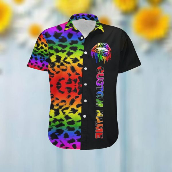 Rainbow Cheetah Skin Pattern Custom Name Men Hawaiian Aloha Tropical Beach Button Up Shirt For LGBT In Pride Month
