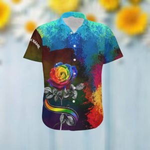 Rainbow Rose Flower Custom Name Hawaiian Aloha Tropical Floral Beach Button Up Men Shirt For LGBT Gay Les Bi Trans