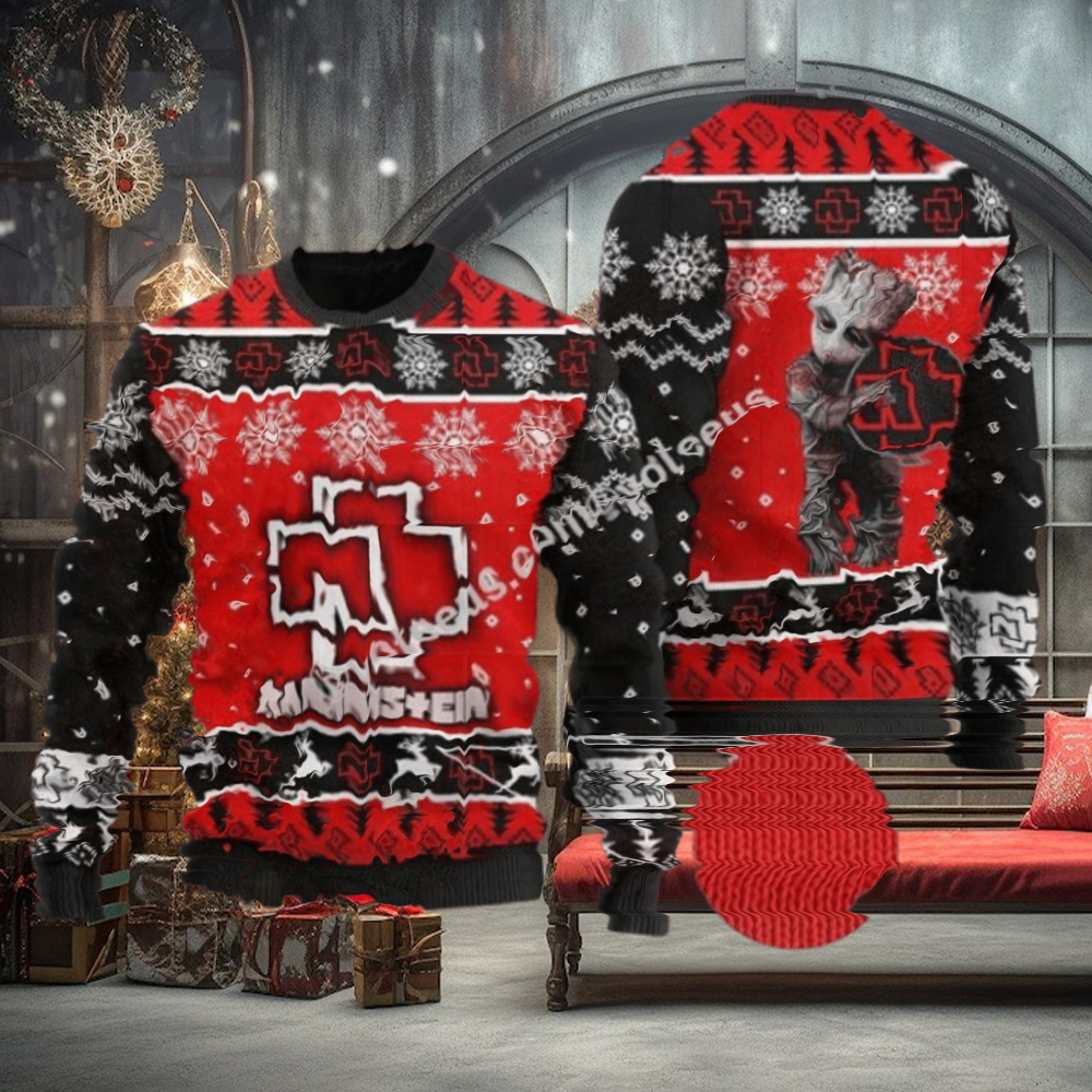 Rammstein Rock Band Big Logo With Baby Groot Snowflakes Pattern Personalized Ugly Christmas Sweater Rammstein Rock Band Big Logo With Baby Groot Snowflakes Pattern Personalized Ugly Christmas Sweater