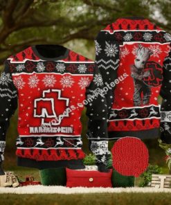 Rammstein Rock Band Big Logo With Baby Groot Snowflakes Pattern Personalized Ugly Christmas Sweater