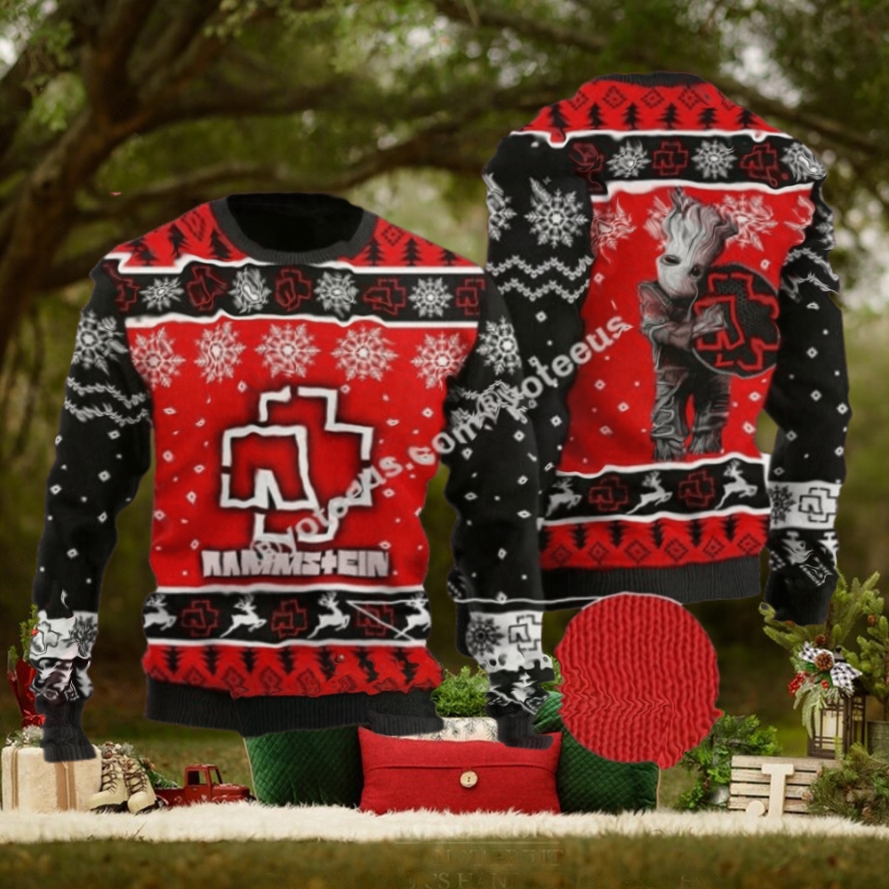 Rammstein Rock Band Big Logo With Baby Groot Snowflakes Pattern Personalized Ugly Christmas Sweater Rammstein Rock Band Big Logo With Baby Groot Snowflakes Pattern Personalized Ugly Christmas Sweater