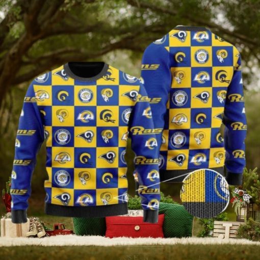 Rams Logo Checkered Flannel Design Knitted Ugly Christmas Sweater