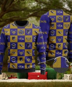 Ravens Logo Checkered Flannel Design Knitted Ugly Christmas Sweater