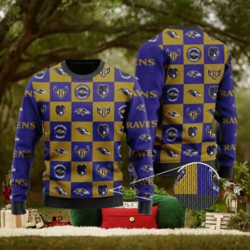 Ravens Logo Checkered Flannel Design Knitted Ugly Christmas Sweater