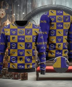 Ravens Logo Checkered Flannel Design Knitted Ugly Christmas Sweater
