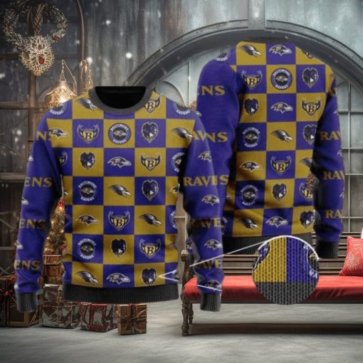 Ravens Logo Checkered Flannel Design Knitted Ugly Christmas Sweater