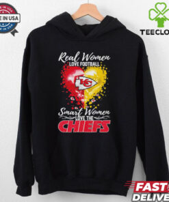 Real Women Love Football, Smart Women Love the Chiefs Heart Shirt featuring a bold design that combines a passion for football with love for the Kansas City Chiefs.