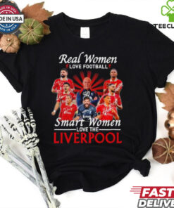 Real Women Love Football, Smart Women Love Liverpool FC Signatures Shirt, featuring a stylish design with the Liverpool FC logo and signatures from key players. Perfect for female fans who proudly support both their love for football and their devotion to Liverpool FC.