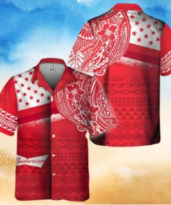 Red Aloha Budweiser Beer Hawaiian Shirt Polynesian Pattern