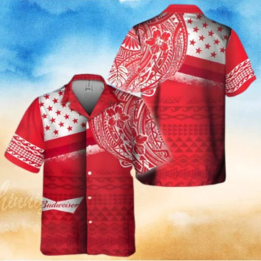 Red Aloha Budweiser Beer Hawaiian Shirt Polynesian Pattern